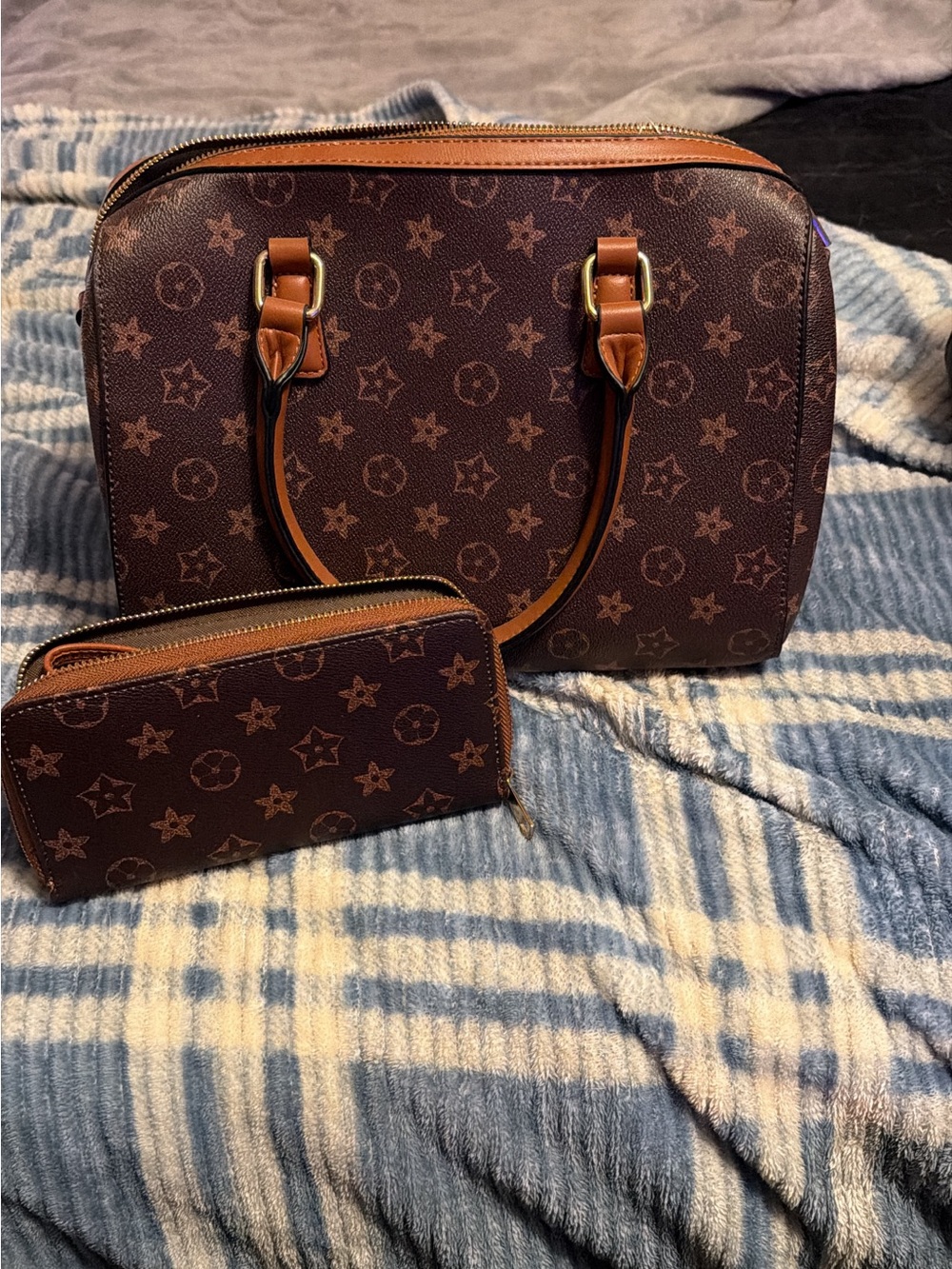 Designer-Style Brown Satchel Handbag with Matching Wallet